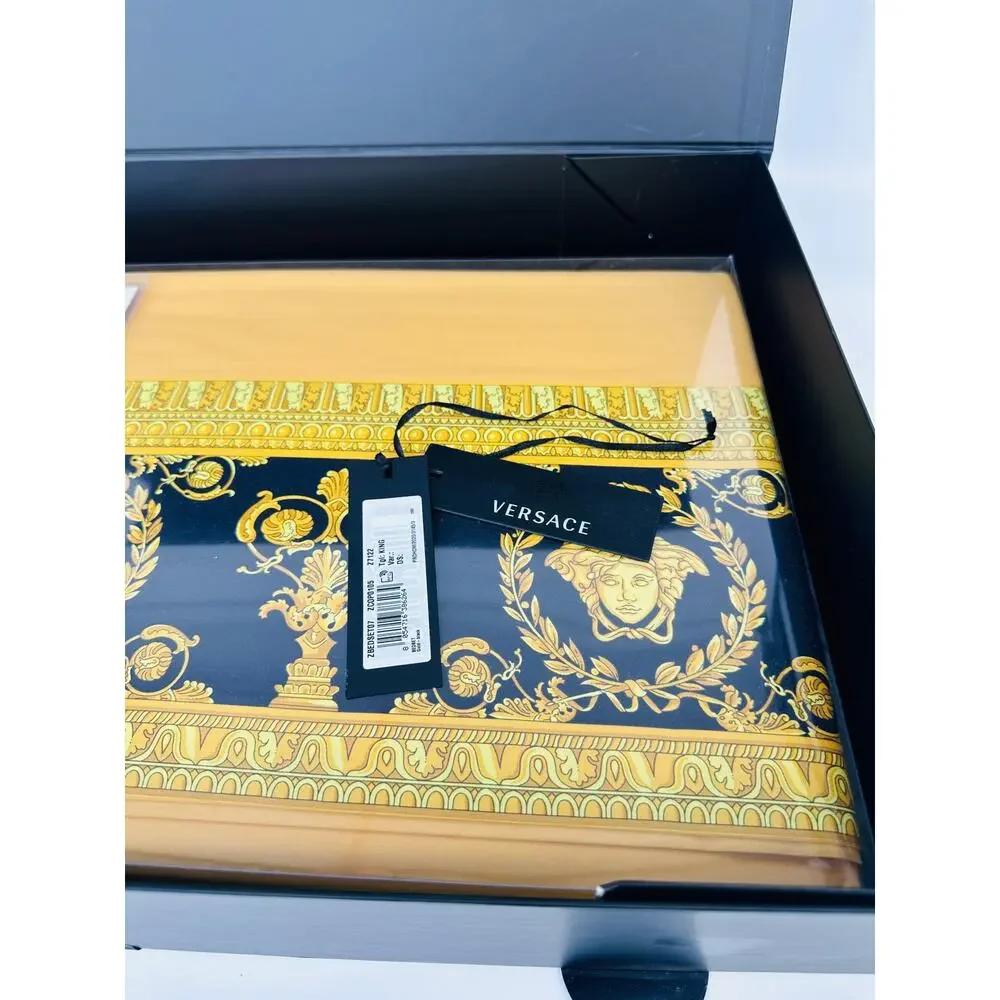NIB Versace Home Bed Sheet Set 4 Pieces Gold Yellow Barocco Print King Size